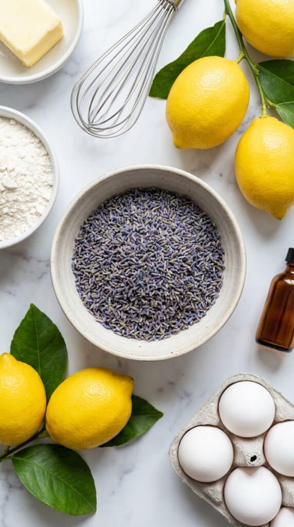 A flat lay showing dried lavender buds, fresh lemons, flour, butter, and eggs on a marble table