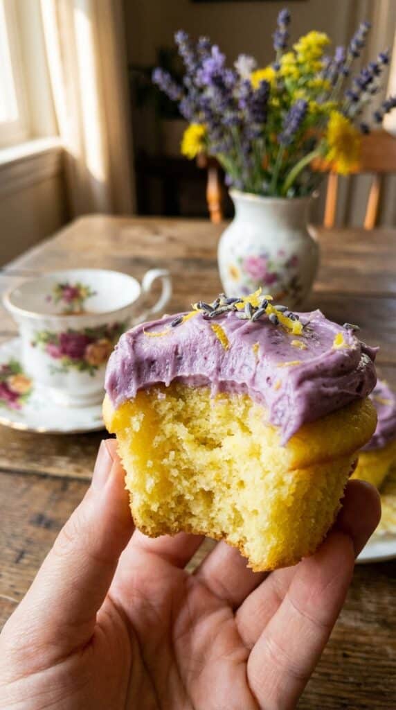 A close-up of a hand holding a bitten lemon cupcake, revealing the yellow crumb and purple frosting.