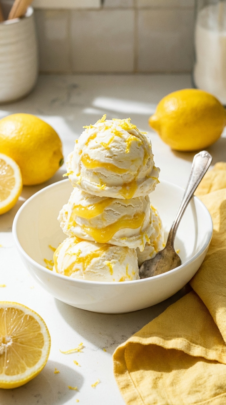 A bowl of white ice cream with bright yellow lemon curd swirls, topped with zest