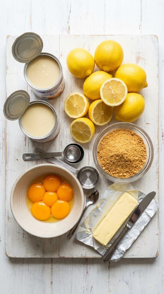 A flat lay showing sweetened condensed milk, fresh lemons, egg yolks, and graham cracker crumbs on a white board.