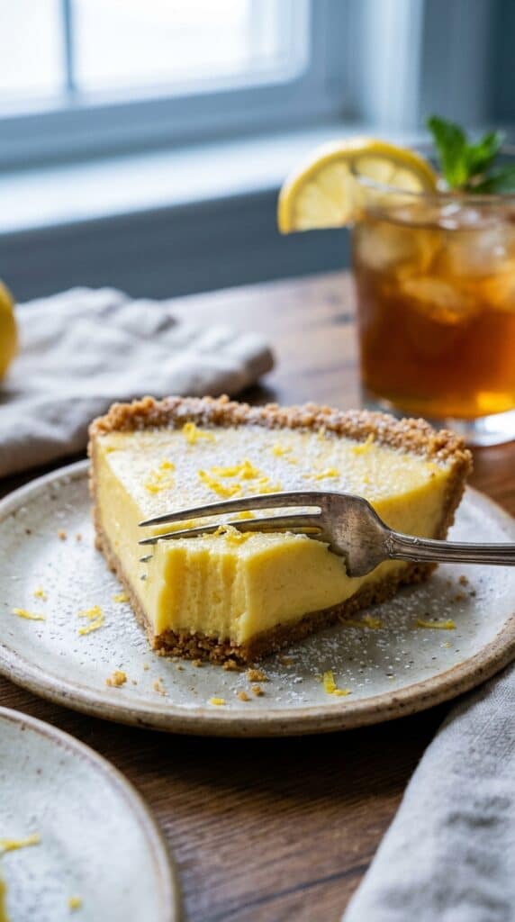 A close-up side view of a slice of lemon icebox pie showing the smooth yellow filling and whipped cream.