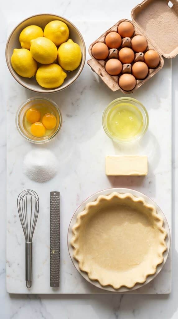 An overhead flat lay showing fresh lemons, separated egg yolks and whites, sugar, butter, and a pie crust on a marble board.