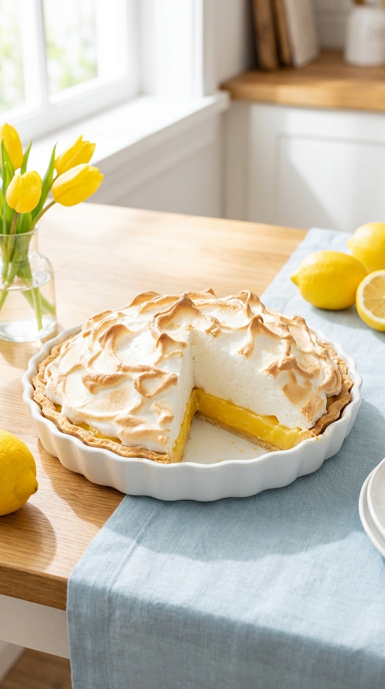 A whole lemon meringue pie in a ceramic dish featuring a tall, toasted meringue topping, surrounded by fresh lemons and tulips.