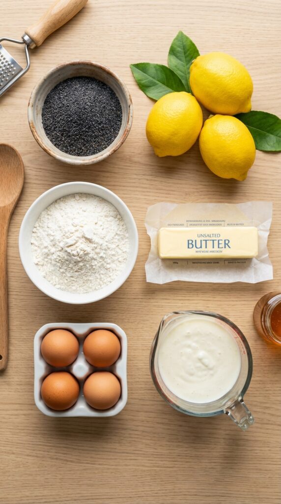 A flat lay showing fresh lemons, a bowl of poppy seeds, butter, flour, eggs, and buttermilk on a wooden board.