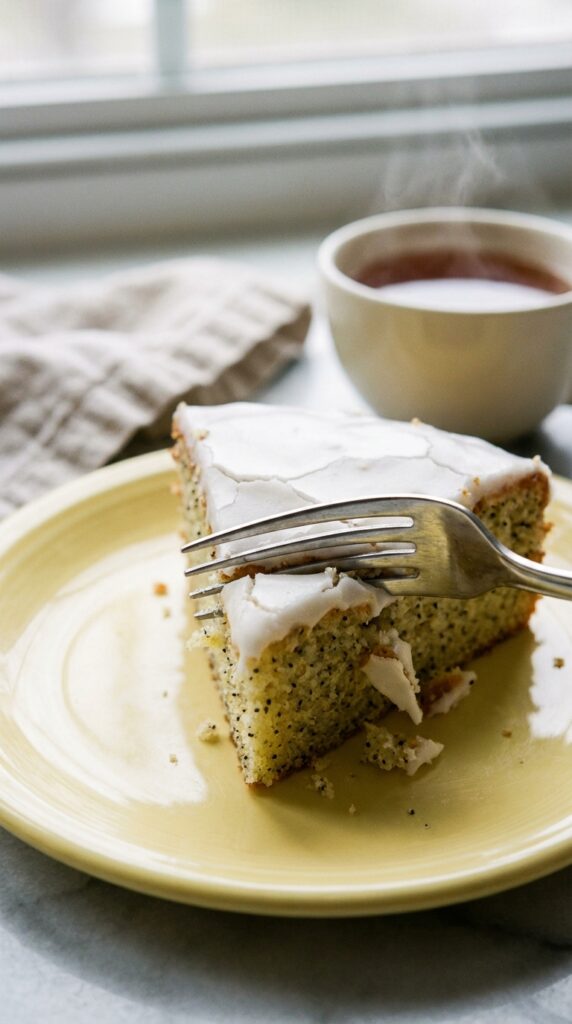 A close-up of a fork cutting into a thick, glazed slice of lemon poppy seed cake on a yellow plate with tea in the background.