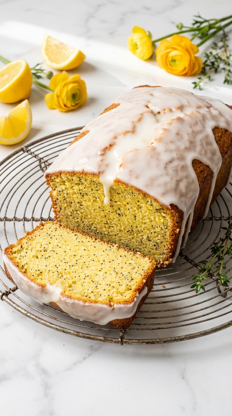 A glazed lemon poppy seed loaf cake on a wire rack with one slice cut, showing the speckled interior, surrounded by fresh lemons.
