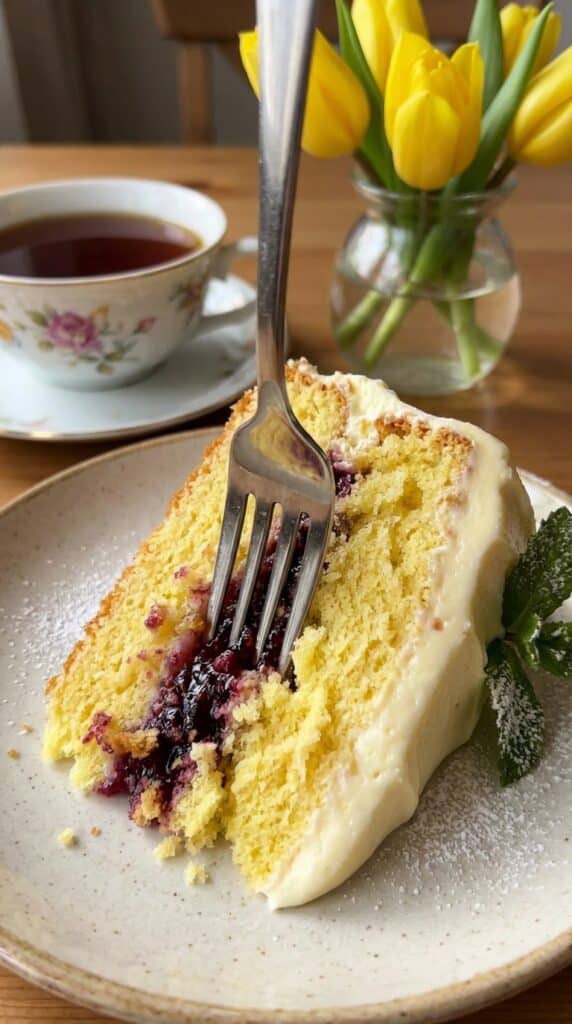 A close-up of a fork taking a bite of lemon raspberry cake, showing a juicy berry pocket inside the crumb.