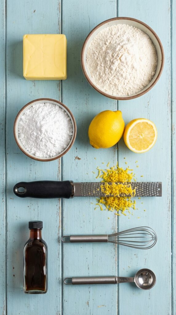 A flat lay showing butter, flour, powdered sugar, fresh lemons, and a zester on a blue surface.