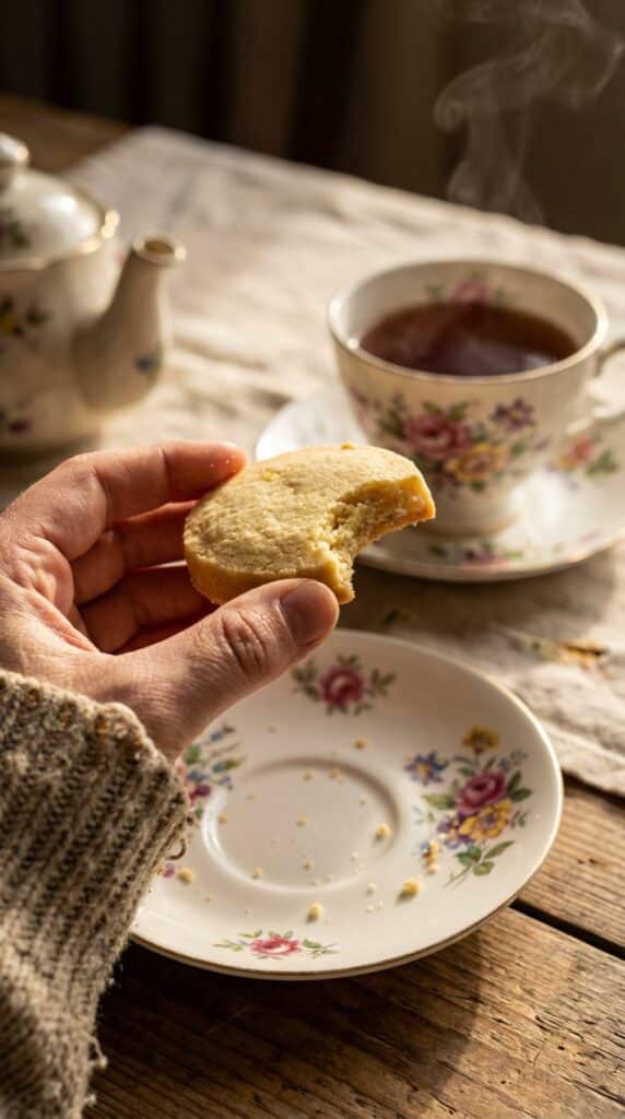A close-up of a hand holding a bitten shortbread cookie with crumbs falling, near a cup of tea.