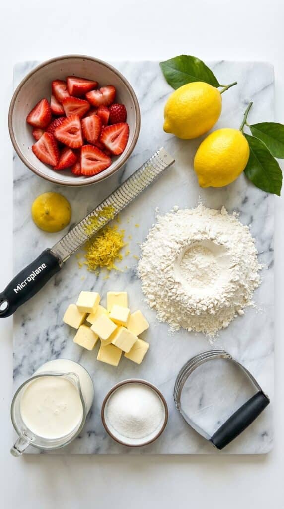 A flat lay showing fresh lemons, a zester, strawberries, flour, butter, and cream on a marble surface.