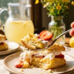 A spoon cutting into a flaky lemon biscuit topped with cream and strawberries.
