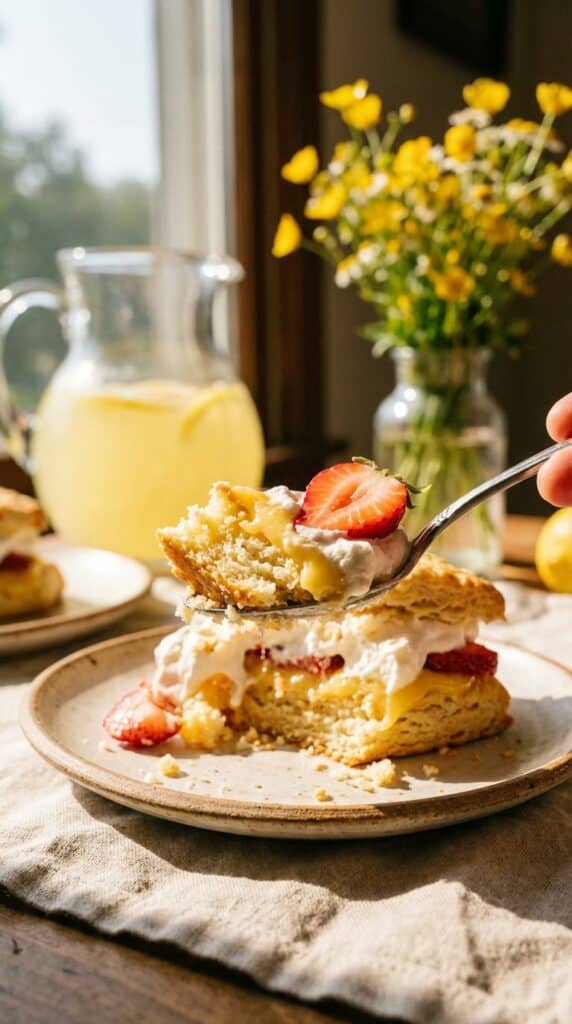 A spoon cutting into a flaky lemon biscuit topped with cream and strawberries.