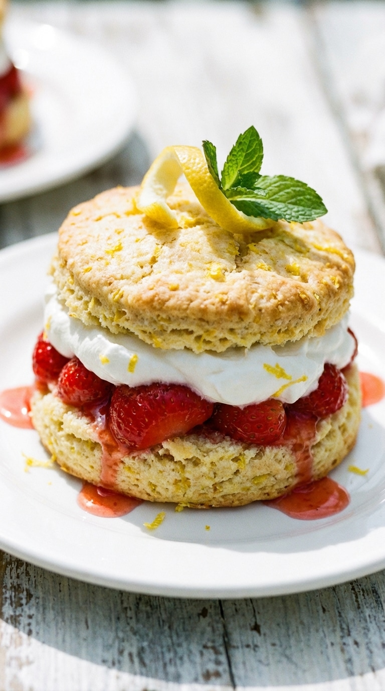 A close-up of a strawberry shortcake biscuit speckled with lemon zest, filled with cream and berries.
