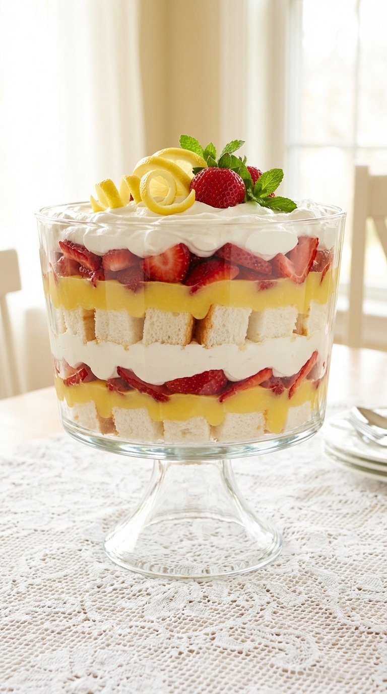 A large glass trifle bowl showing layers of cake, yellow lemon pudding, strawberries, and whipped cream.