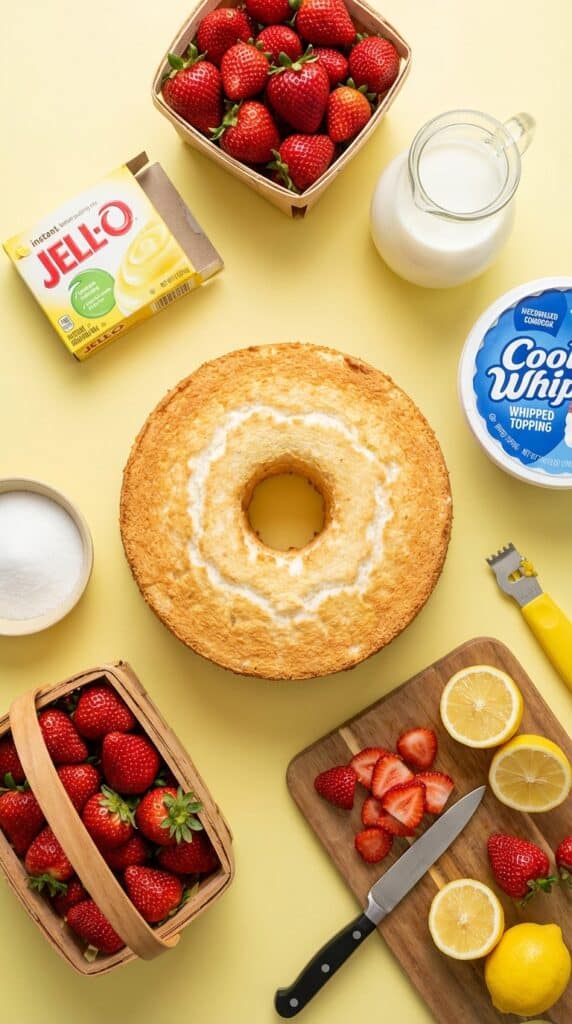A flat lay showing an angel food cake, lemon pudding box, strawberries, and whipped cream on a yellow table.