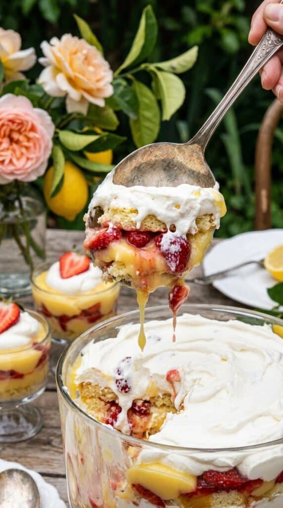 A close-up of a serving spoon lifting a scoop of layered lemon and strawberry trifle.