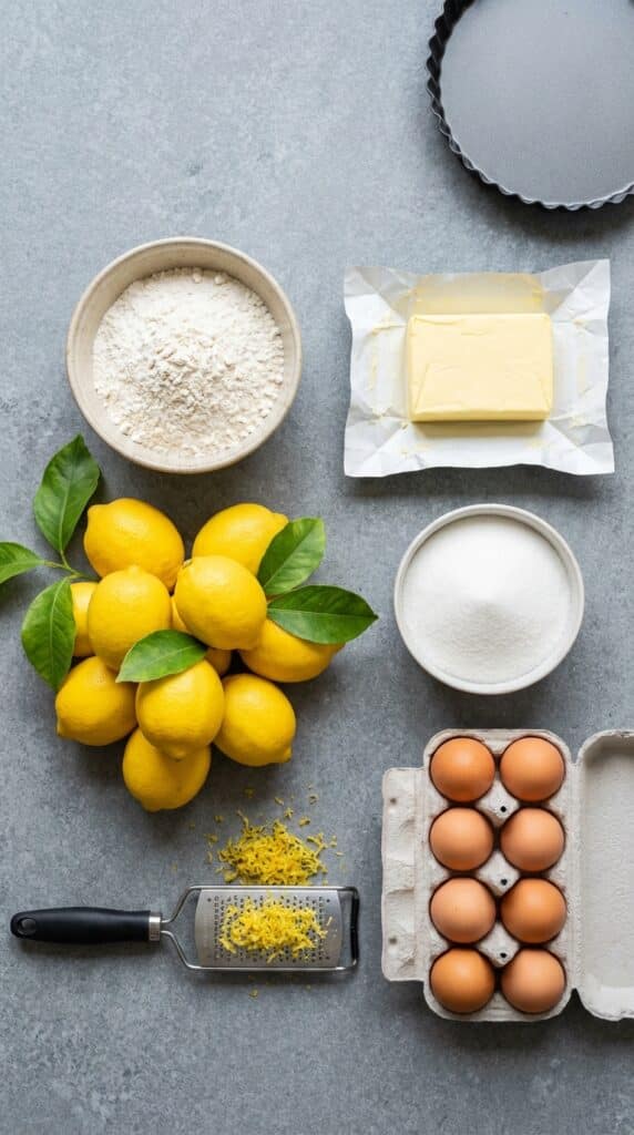 A flat lay showing fresh lemons, flour, butter, sugar, and eggs on a stone surface.