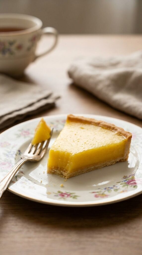 A close-up of a slice of lemon tart on a plate, showing the smooth texture and crisp crust, with a fork.