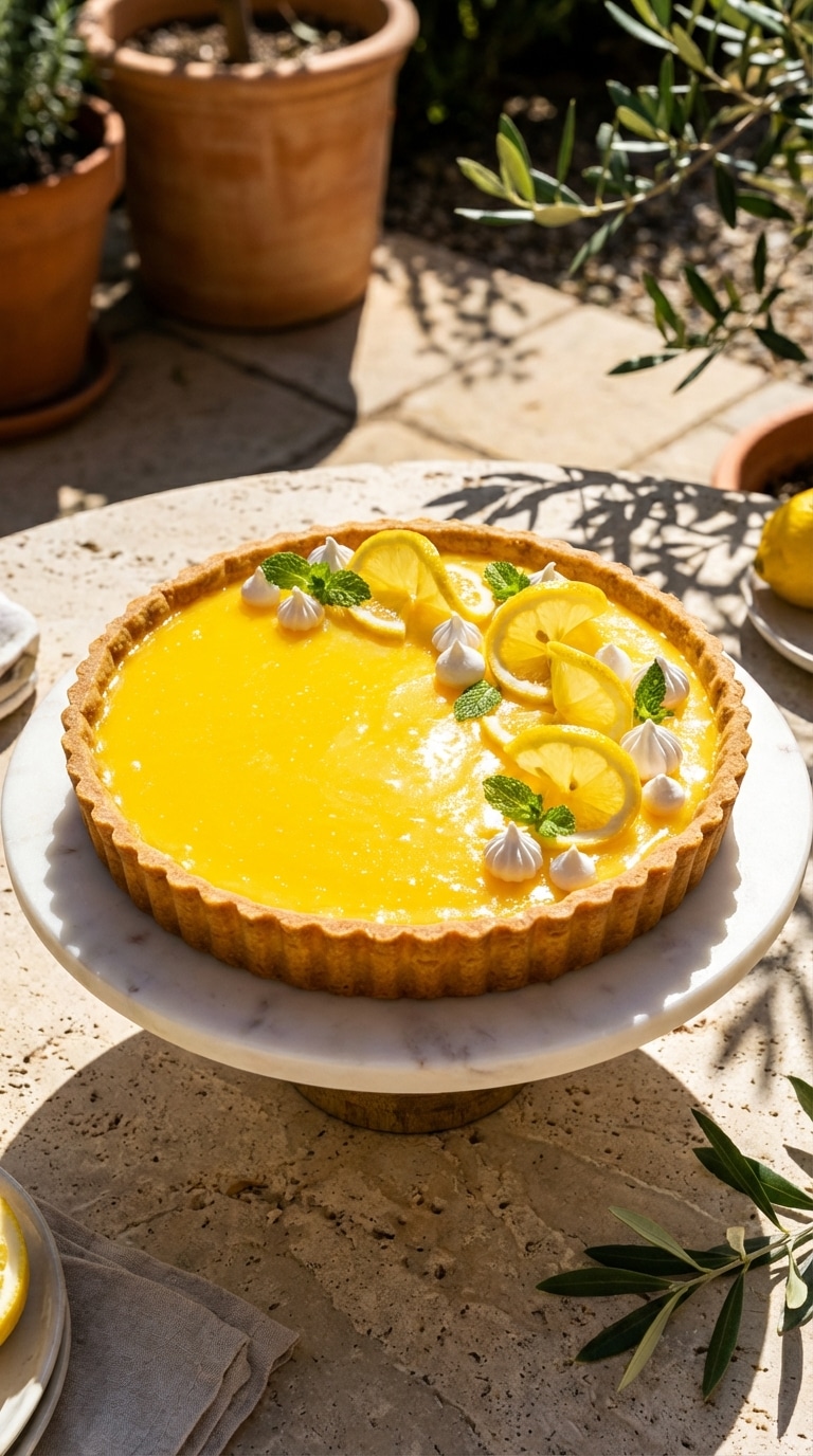 A whole classic lemon tart with a golden crust and bright yellow filling on a marble stand, garnished with lemon twists.