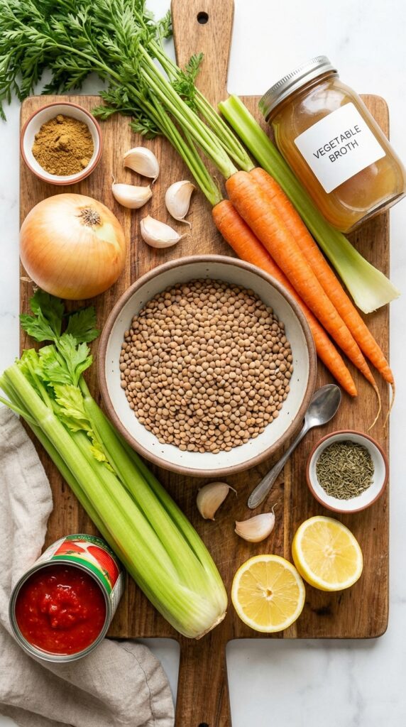 A flat lay showing dry brown lentils, fresh carrots, celery, onions, vegetable broth, and spices on a wooden board.
