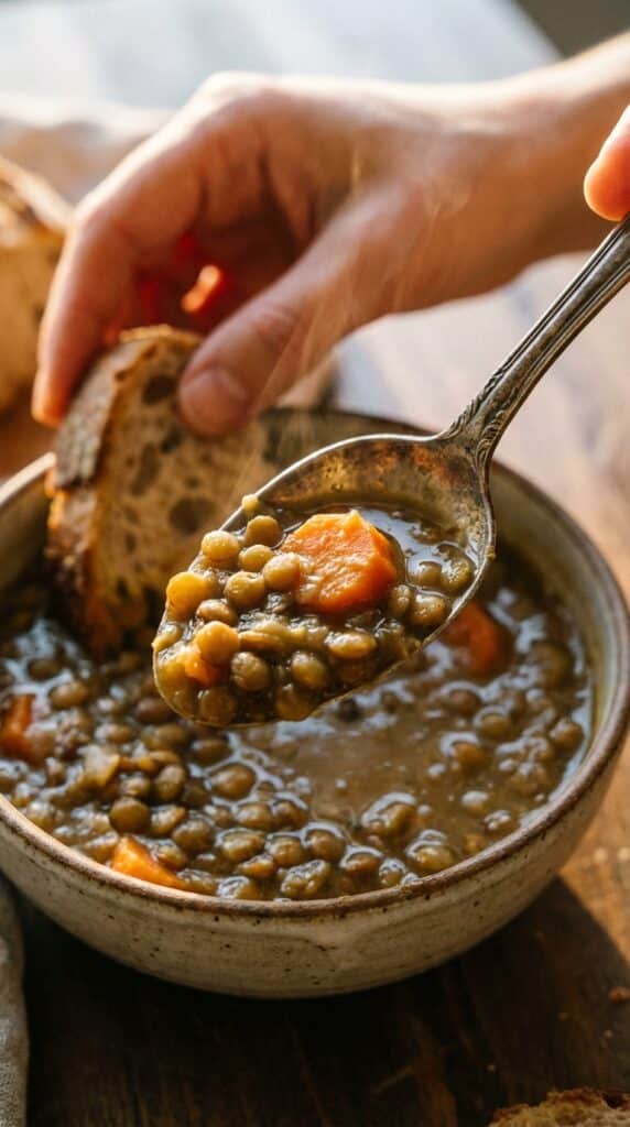 A close-up of a spoon lifting thick lentil soup from a bowl, with a piece of bread being dipped in the background.