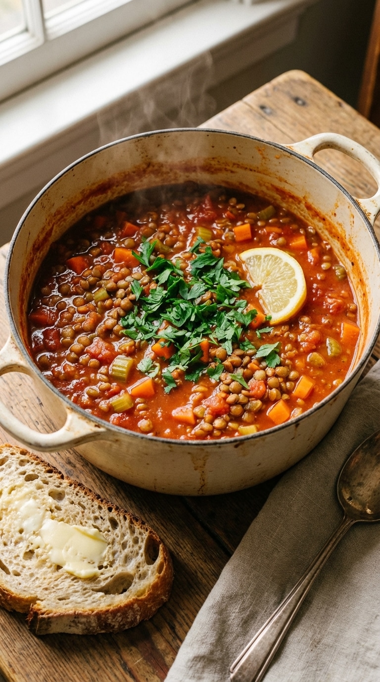 A top-down view inside a Dutch oven filled with thick, hearty lentil soup with carrots and celery, garnished with fresh herbs.