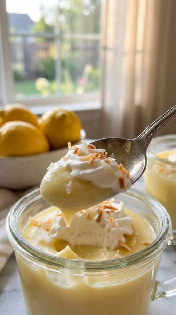 A close-up of a spoon lifting a bite of creamy lemon pudding with toasted coconut topping.