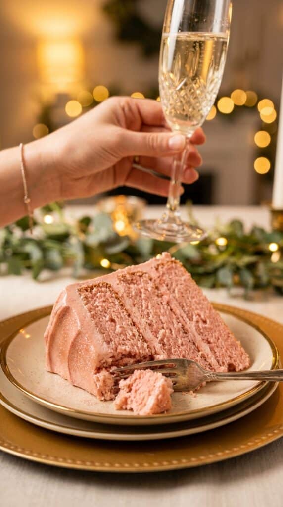 A close-up of a slice of pink strawberry cake with a glass of champagne in the background.