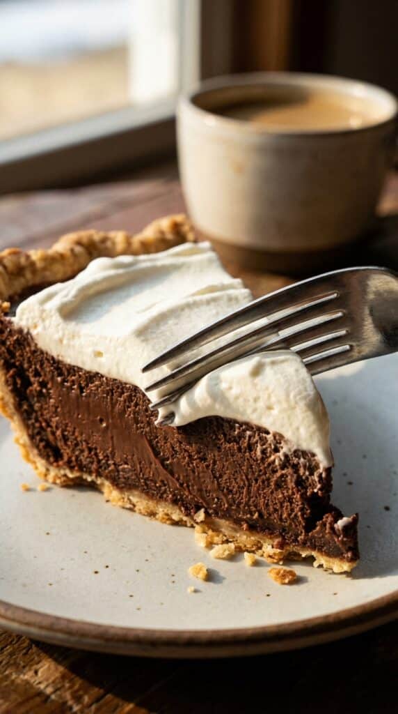 A close-up of a fork cutting into a slice of chocolate pie, showing the silky texture of the filling.
