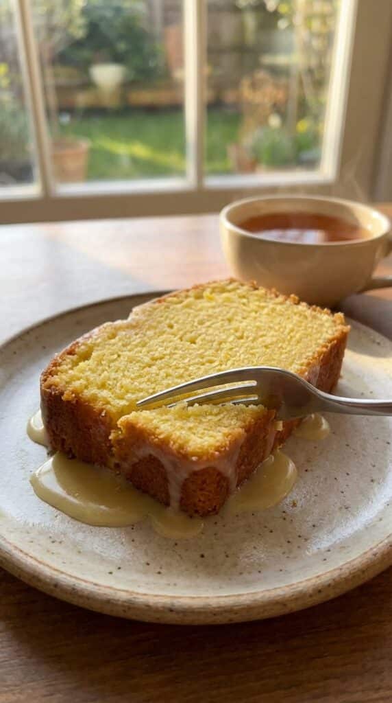 A close-up of a slice of moist lemon cake on a plate with a fork and a cup of tea.