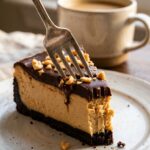 A close-up of a fork taking a bite of a slice of peanut butter cheesecake, showing the creamy texture.