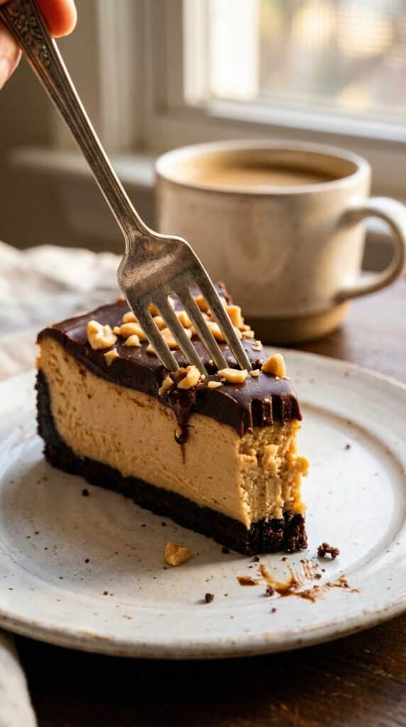 A close-up of a fork taking a bite of a slice of peanut butter cheesecake, showing the creamy texture.
