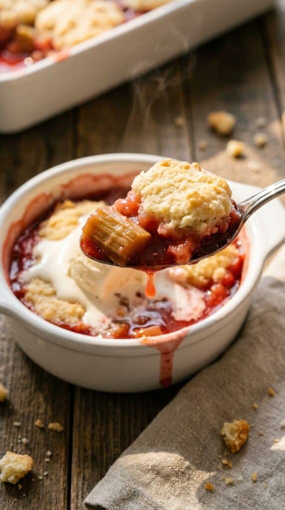 A close-up of a spoon lifting a bite of biscuit and red fruit from a bowl of cobbler with ice cream.