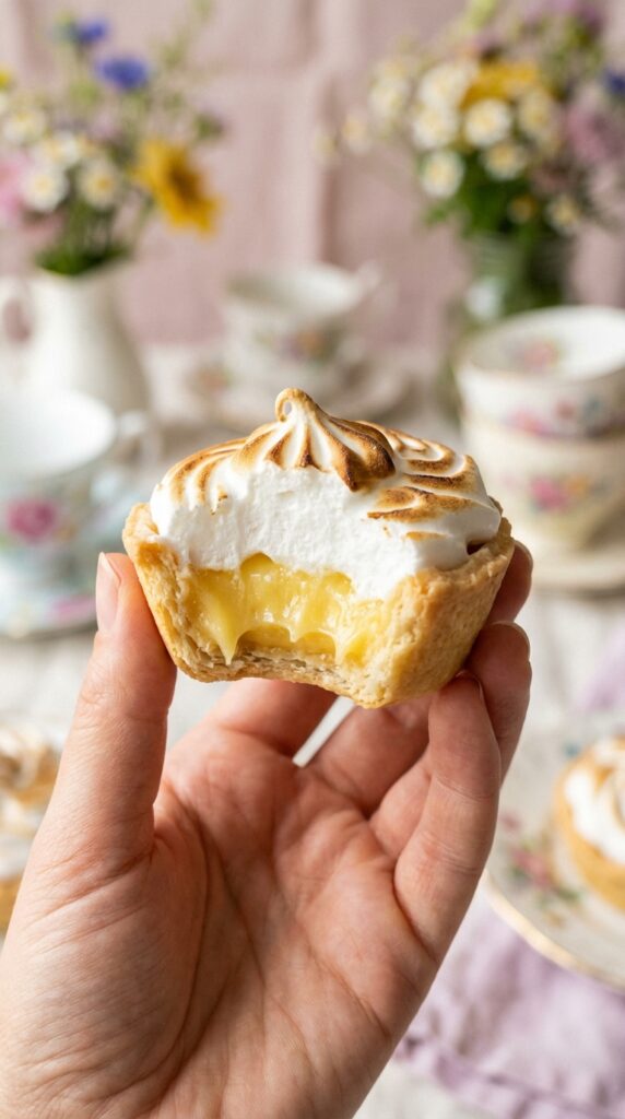 A close-up of a hand holding a mini lemon pie with a bite taken out, showing the lemon filling inside.