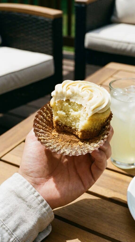 A close-up of a hand holding a bitten key lime cupcake, showing the graham cracker crust layer at the bottom.