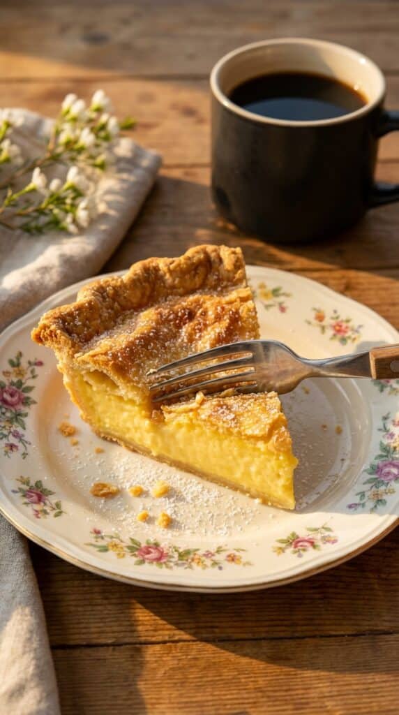 A close-up side view of a slice of chess pie showing the dense custard filling and crispy top layer.
