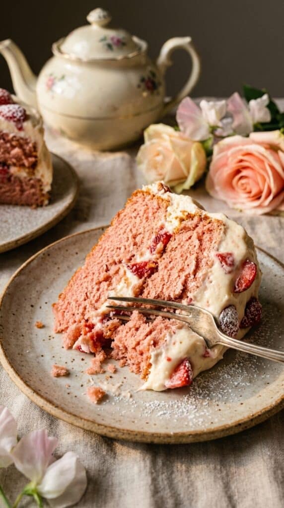 A close-up of a fork cutting into a moist slice of pink strawberry cake.