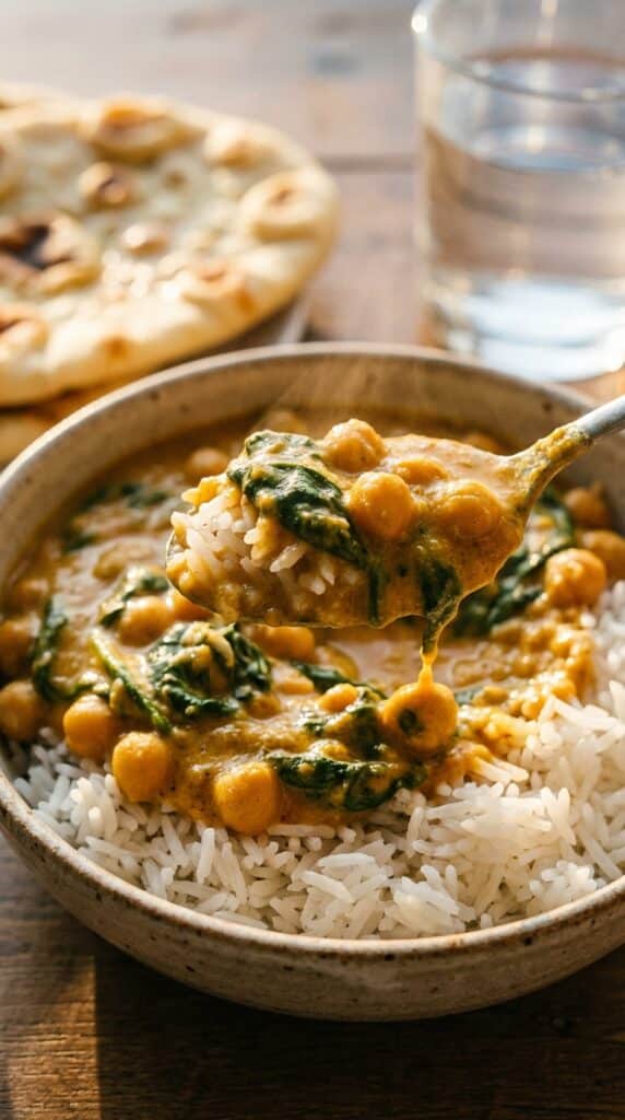 A close-up of a spoon lifting a bite of creamy chickpea curry and fluffy basmati rice from a bowl.
