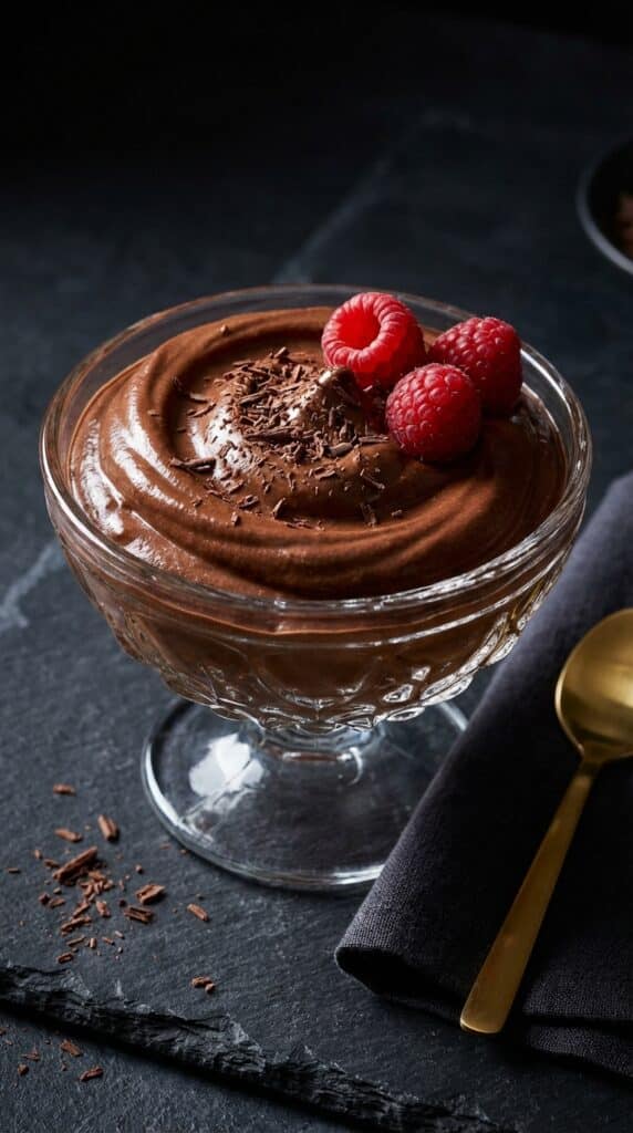 A close-up of a gold spoon lifting a thick, smooth bite of dark chocolate mousse with a raspberry.