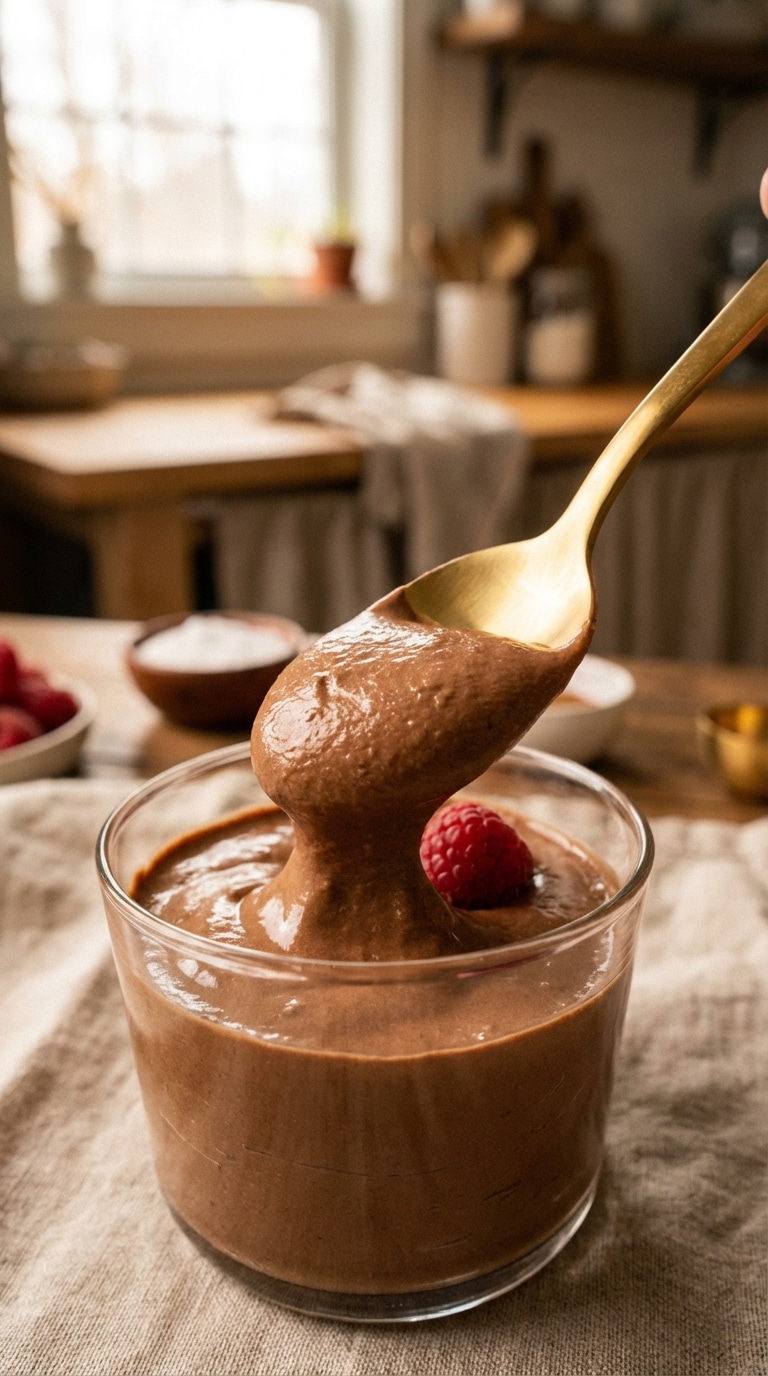 An elegant glass filled with smooth dark chocolate mousse, topped with chocolate shavings and fresh raspberries.