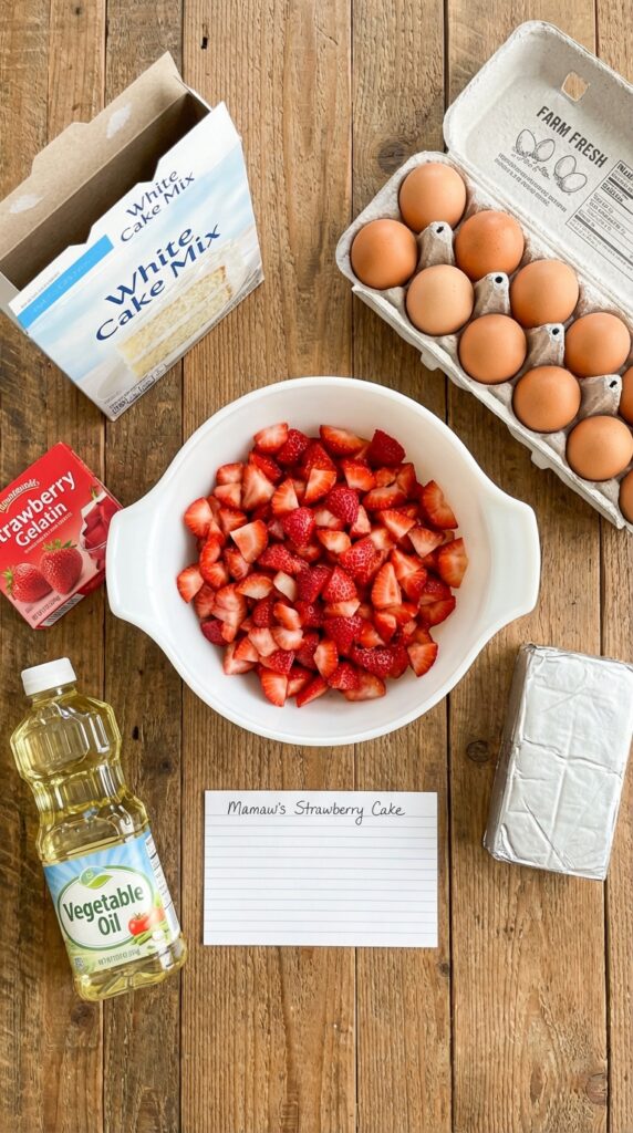 A flat lay showing cake mix, strawberry gelatin box, fresh strawberries, eggs, and cream cheese.