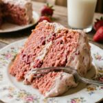 A close-up of a slice of moist pink cake on a floral plate with a fork taking a bite.
