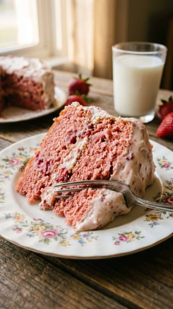 A close-up of a slice of moist pink cake on a floral plate with a fork taking a bite.