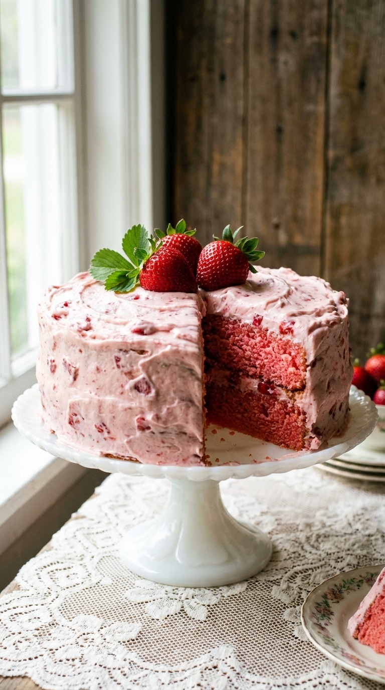 A whole two-layer pink strawberry cake with strawberry cream cheese frosting on a vintage glass stand.