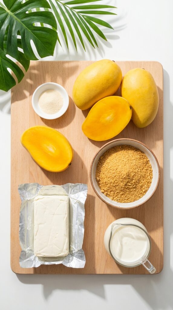 A flat lay showing fresh ripe mangoes, cream cheese, cracker crumbs, and cream on a wooden board.