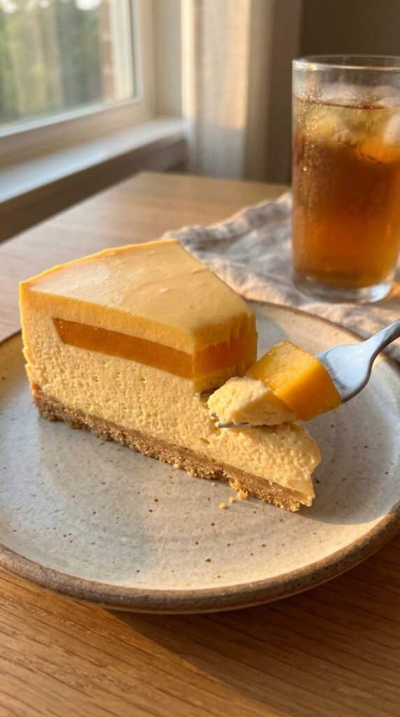 A close-up side view of a slice of mango cheesecake showing the distinct crust, mousse, and jelly layers.