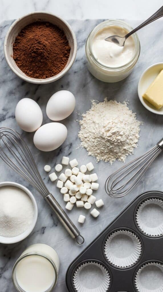A flat lay showing cocoa powder, marshmallow fluff in a jar, eggs, flour, and mini marshmallows on a marble board