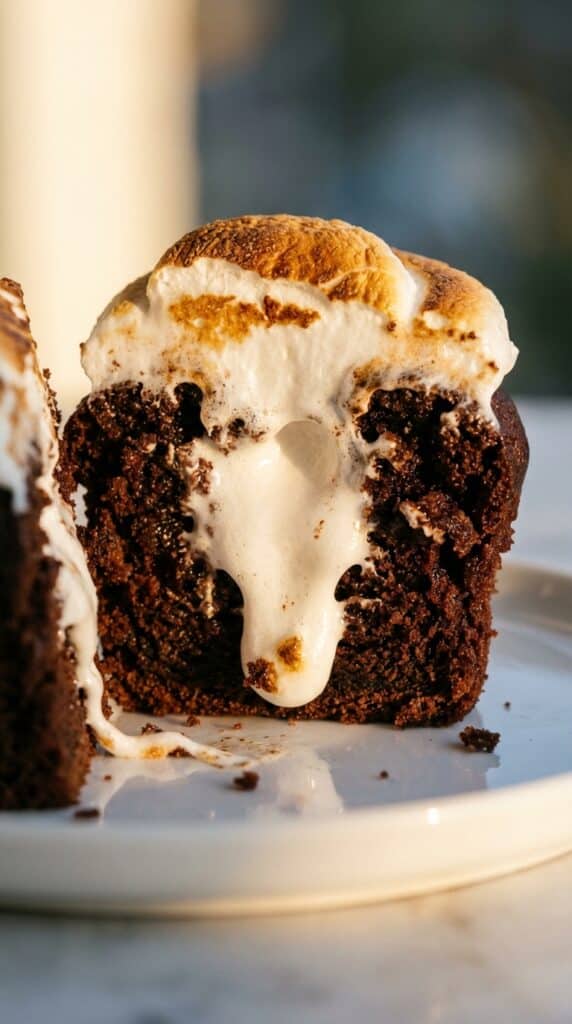 A close-up cross-section of a chocolate cupcake cut in half, showing a gooey marshmallow filling inside.