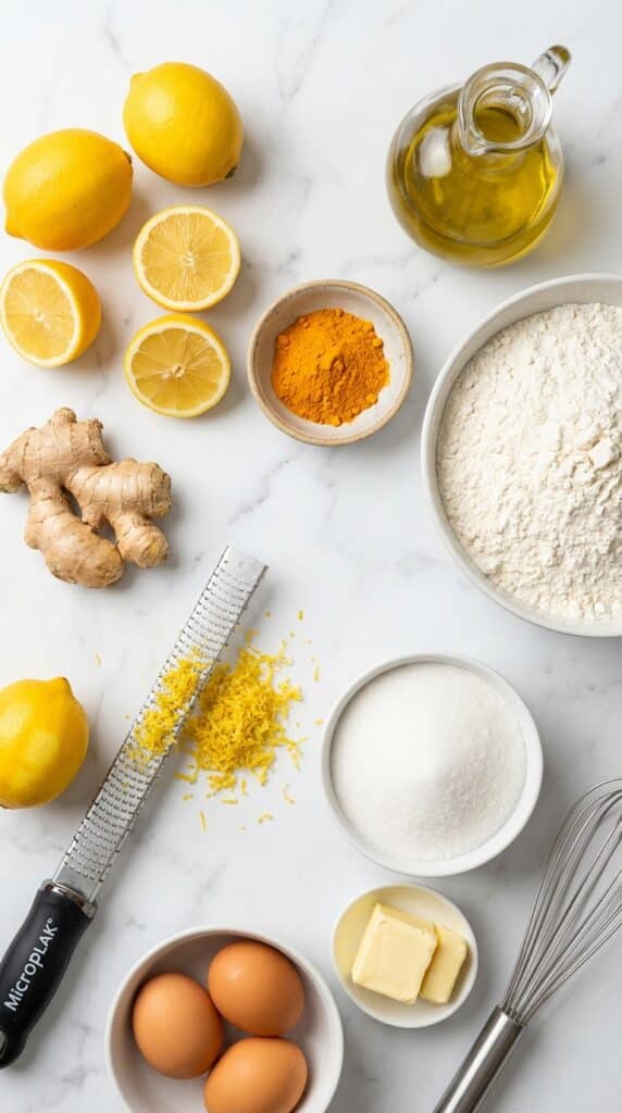 A flat lay showing Meyer lemons, fresh ginger root, turmeric powder, olive oil, and flour on a marble board.