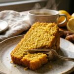 A close-up of a slice of yellow turmeric cake on a plate with a fork and a cup of tea.